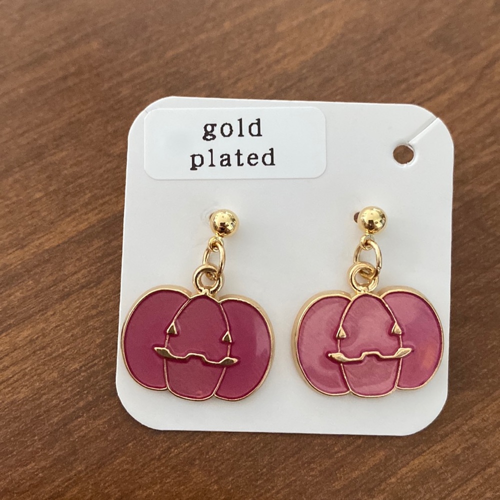 Handmade Pink Pumpkin Gold Plated Earrings Halloween NEW